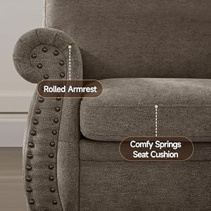 Nailhead Sofa, 66" Small Couch with Rolled Arms, Chenille Fabric Loveseat w/Springs Seat Cushion, Vintage Curved Back, Turned Wood Legs, Comfy Couch for Living Room, Farmhouse, Brown Nailhead Sofa 66 Small Couch with Rolled Arms Chenille Fabric Loveseat wSprings Seat Cushion Vintage Curved Back Turned Wood Legs Comfy Couch for Living Room Farmhouse Brown