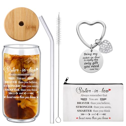 Tioncy 3 Pcs Sister in Law Christmas Gifts with 16 oz Glass Coffee Tumbler Cup Straw Makeup Pouch and Keychain Funny Gifts Inspirational Birthday Xmas Gift for Women Friend Big Little Sister