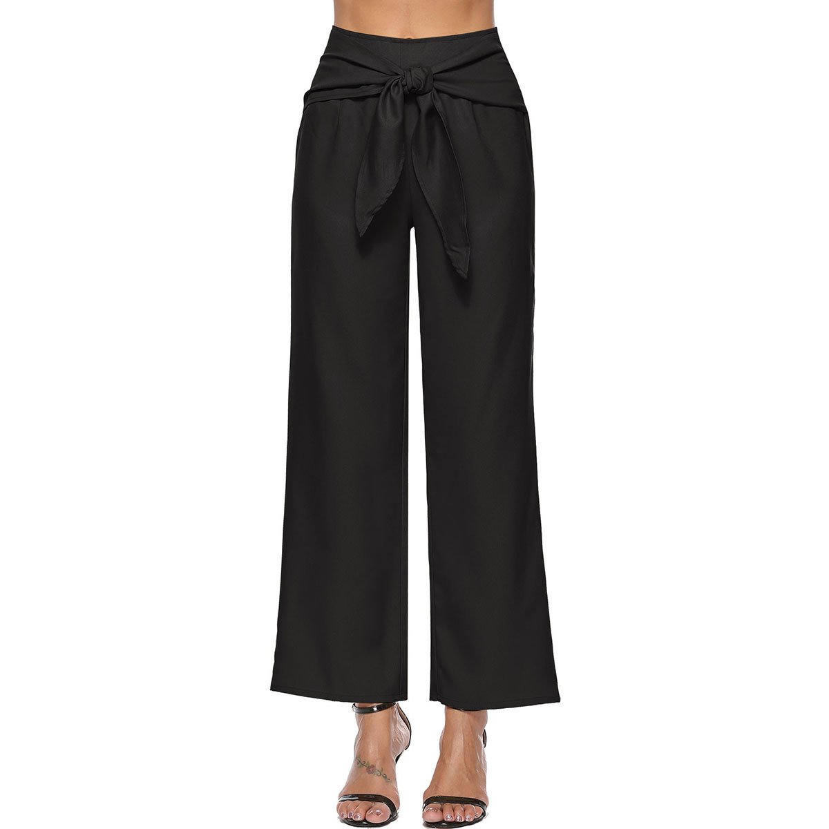 Womens Fashion Loose Waistband Trousers Lace Zipper Casual Women Wide-Leg Pants Black