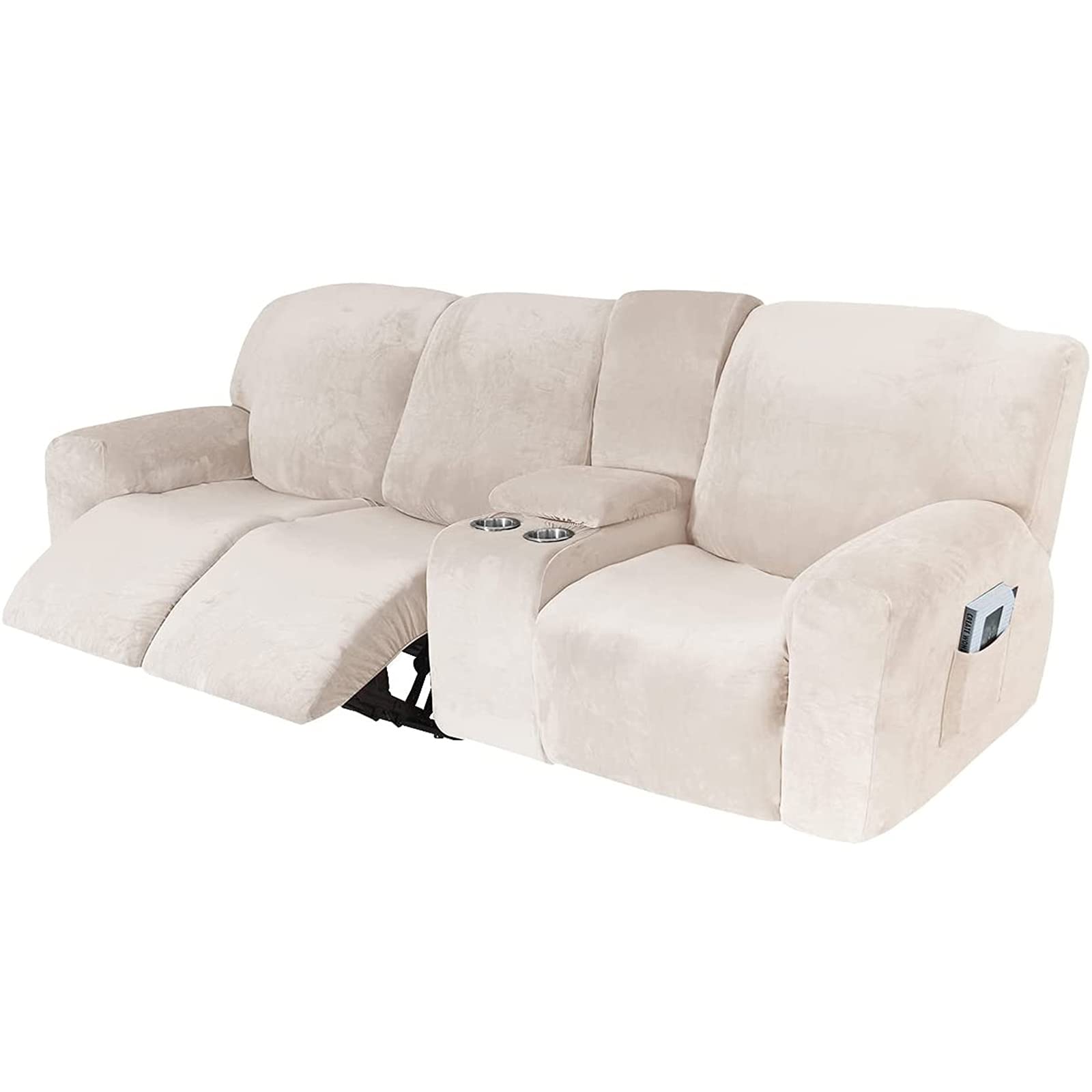 Funda reclinable elástica de Terciopelo con Consola - Tela Lavable Suave y Gruesa - Color Arena de 2 a 3 plazas - ¡Proteja su sofá reclinable con Esta Funda reclinable Premium contra el Desgaste Dia