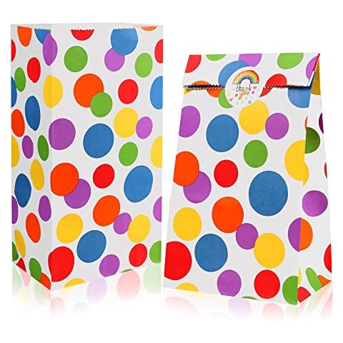 20PCS Paper Party Bags, AUERVO 13 x 24cm Kraft Paper Candy Bag Rainbow Dots Paper Bag Food Treat Bags with Sticker for Birthday Wedding Sweets Cover