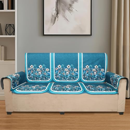 Image of Velvet 3 Seater Sofa Cover with 6 Seat and Back Covers, 2 Hand Rest Covers - Floral Design - Washable Fabric - Stylish Sofa Cover for Modern Living Room (Aqua, 3 Seater With Arm Cover)