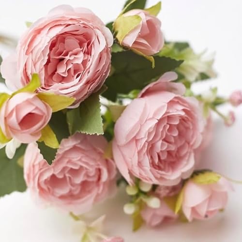 The Baked Studio - Silk Peony and Tea Rose Artificial Bouquet 9 Heads Realistic Fake Plant for DIY Craft Cake Living Room Home Wedding Decoration (PRETTY PALE PINK)