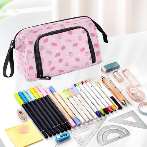 Image of Portable Pencil Case Pen Bag with Zipper, Pink Strawberry Polka Dot Large Pencil Pouch Pen Case Stationery Bag for Office School Student, Multifunctional Pen Box for Girl Boy Men Women