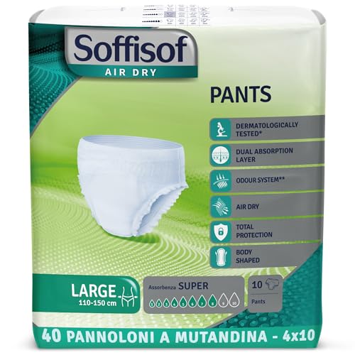 Soffisof Air Dry Pants Super L - 32x Braga Pañal Adulto - 4 Paquetes de 8 Pañales Adultos Hombre y Mujer - Absorción Hasta 8 Gotas - Talla Large (110-150 cm)