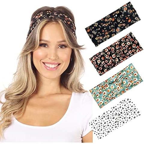 SWEETKIE Twist Front Headbands - Cute Head Wraps Perfect for Yoga, Workouts, Daywear, Happy Hour - Fashion Accessory for Women, Girls, Teens - 4 Floral Patterns Cover
