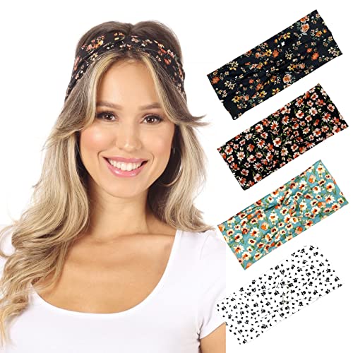 Sweetkie Twist Front Headbands - Cute Head Wraps Perfect For Yoga, Workouts, Daywear, Happy Hour - Fashion Accessory For Women, Girls, Teens - 4 Floral Patterns #TOP20