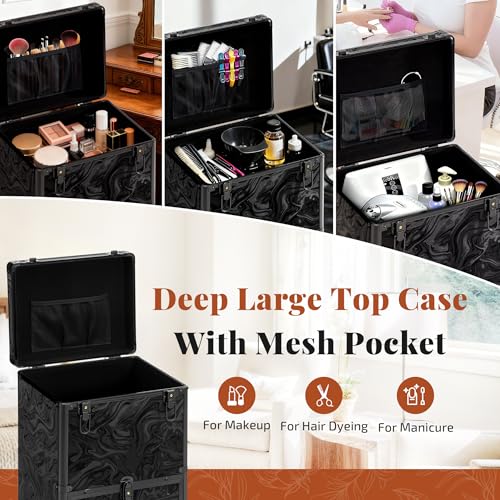 Image of Rolling Makeup Train Case with Drawers Cosmetology Case on Wheels | 4 in 1 Large Cosmetic Organizer for Hairstylist,Makeup Artist Nail Trolley Cart Salon Storage Traveling Cart Trunk