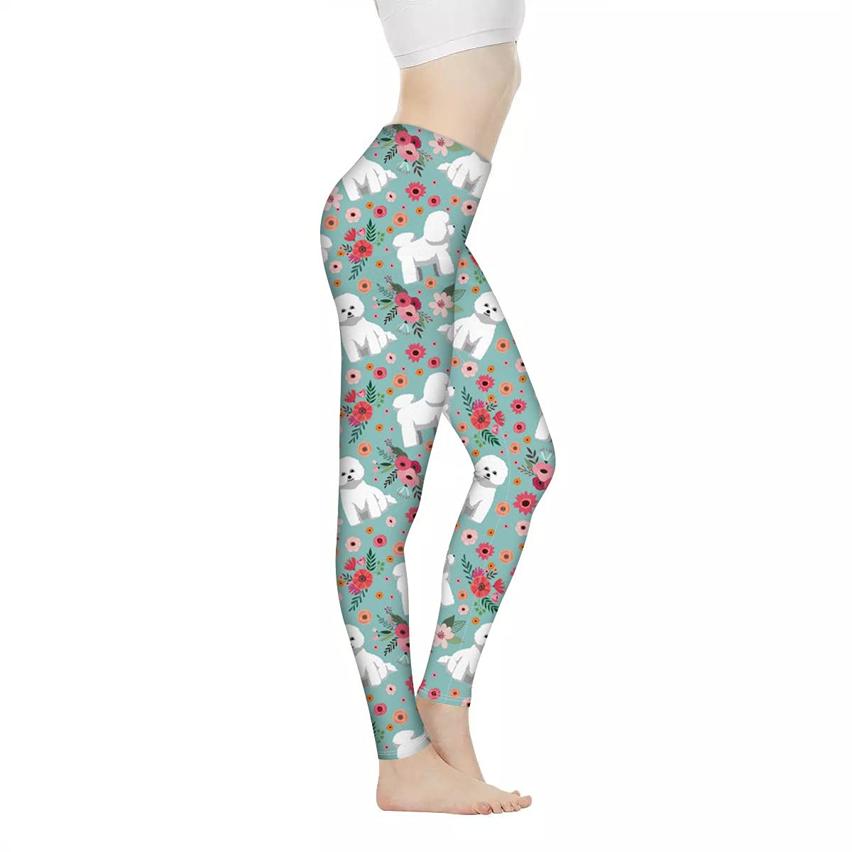Uoimag Women's Bichon Frise Flower Floral Dogs Leggings For Yoga Pants For Sports, Full Length Yoga Leggings