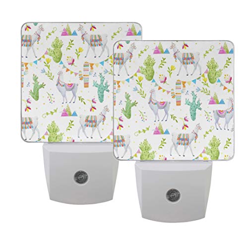 Naanle Set of 2 Alpaca Llama Cactus Colorful Flag Mountains Flowers Leaves Floral Auto Sensor LED Dusk to Dawn Night Light Plug in Indoor for Adults