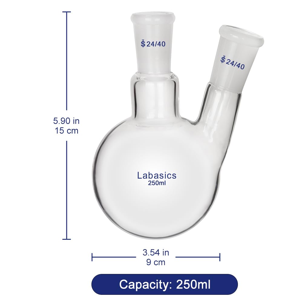 Labasics Glass 250ml 2 Neck Round Bottom Flask RBF, with 24/40 Center and Side Standard Taper Outer Joint, 250ml