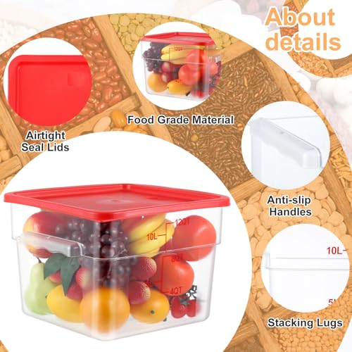 Image of Ziliny 8 Sets Square Food Storage Containers with Lids Dough Proofing Bucket Commercial Polycarbonate Containers with Scale Clear Airtight Cereal for Pantry Home Restaurant (Red,12 Qt)