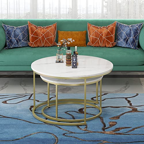 Yechen Coffee Table For Living Room, Set Of 2 Modern Nesting Side Coffee Tables, Contemporary Accent Coffee And Snack End Table For Living Room,31 Inch, White Table Top With Gold Metal Frame #TOP7