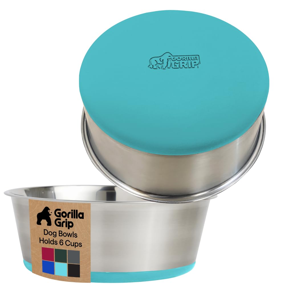Set of 2 Dog Bowls, Holds 6 Cups (48 fl oz), Heavy Duty Metal Food and Water Bowl for Feeding Dogs and Cats, Dishwasher Safe Rust Resistant Stainless Steel, BPA Free Rubber Base Turquoise
