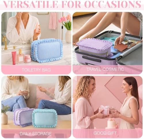Kigeli 4pcs Ruffle Makeup Bag Preppy Cosmetic Pouch Large Travel Cute Cosmetic Bag Pink Blue Purple Green Striped Nylon Waterproof Toiletry for Women Girls Travel Gift — view 6