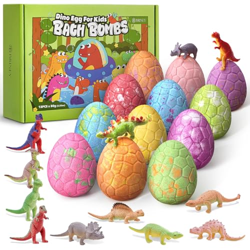 Briney 12 Pack Bath Bombs for Kids with Surprise Dinosaur Toys Inside Dinosaur Bath Bombs Natural Kids Bubble Bath Fizzers Bath Bomb Gifts Set Christmas Birthday Gifts for Boys Girls