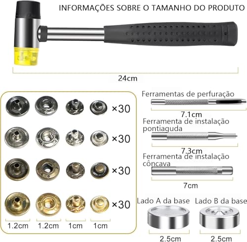 Botões de Metal, Ilhos, Conjunto de Botões de Metal 120 Conjuntos de Botões, 120 Botões Metal, Botõe