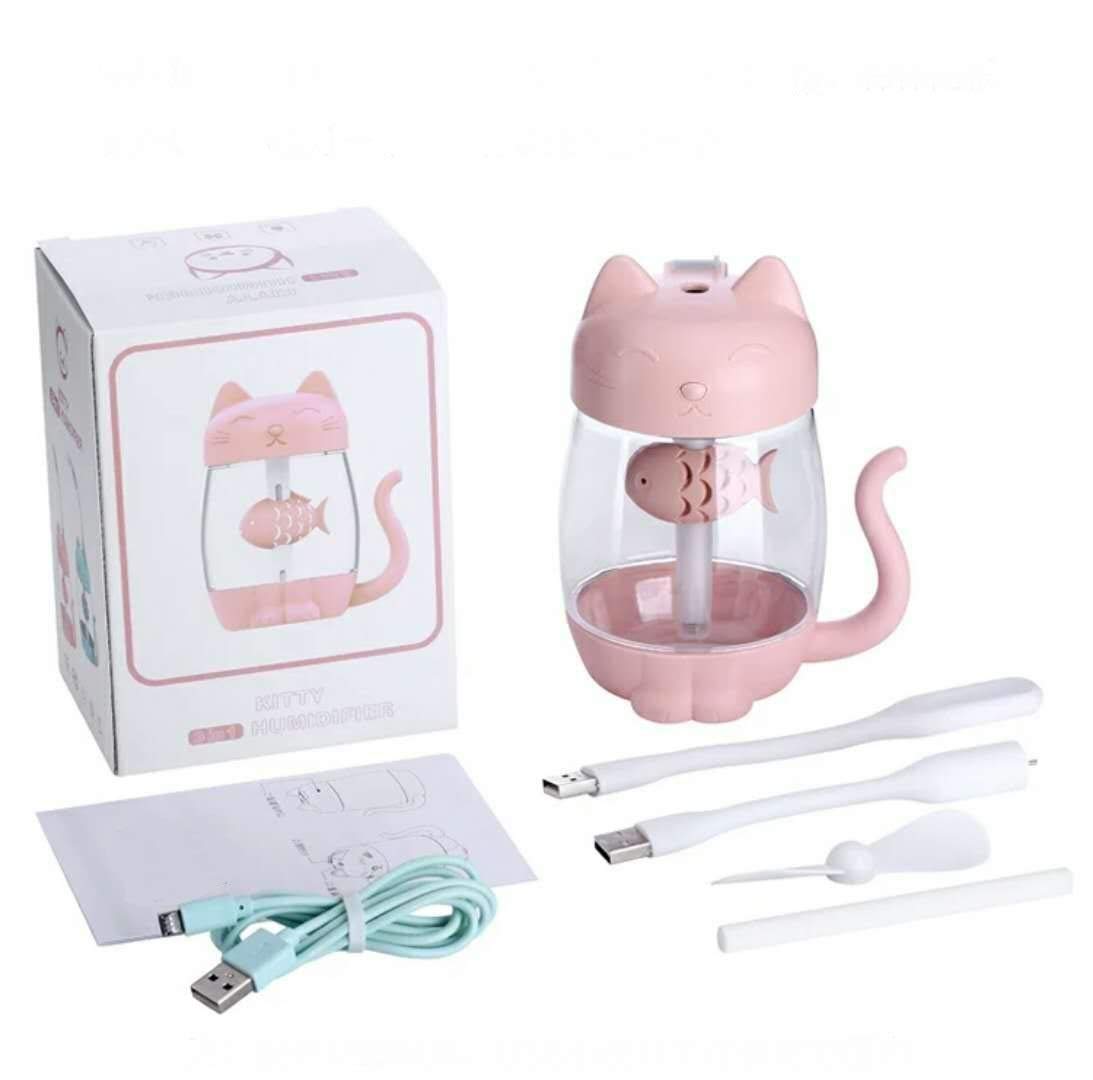 QAWACHH 3 in 1 Multi Function pet Design Mist ultrasonic Mini USB air humidifier with led Light with Mini Fan (Pink