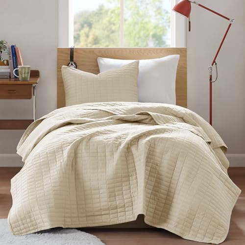 Comfort Spaces Kienna Quilt Set- Double Sided Stitching Design Summer Blanket, Lightweight, Soft, All Season Bedding Layer, Matching Sham, Ivory, Coverlet Twin/Twin XL(66"x90") 2 Piece