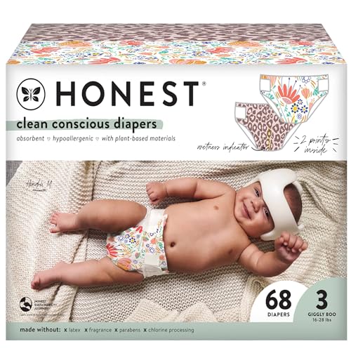 Image of The Honest Company Comfort Dry Disposable Diapers Plant-Based Sustainable Wild Thang and Flower Power Club Box Size 3 16-28 lbs 68 Count