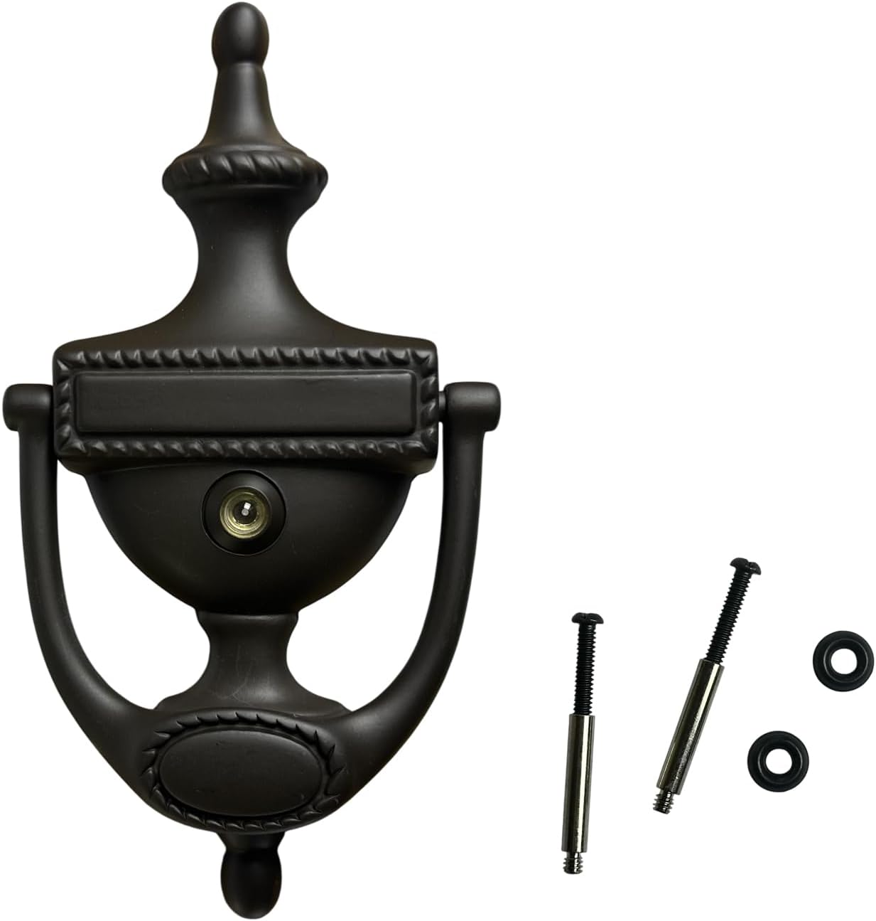 QCAA Solid Brass Door Knocker, Victorian Rope Type, 7-3/8", with 160 Degree Glass Len Door Viewer (UL Listed), ORB (Oil Rubbed Bronze, US10B), 1 Pack, Made in Taiwan