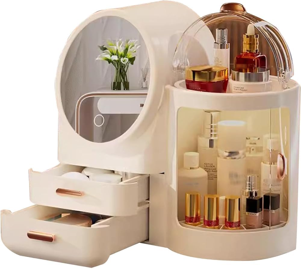 Makeup Organizer with LED Lighted Mirror | 3 Color Settings | Dustproof Cosmetic Storage Display Case | Skincare Organizer for Bathroom, Bedroom & Dresser(Color:Pink)