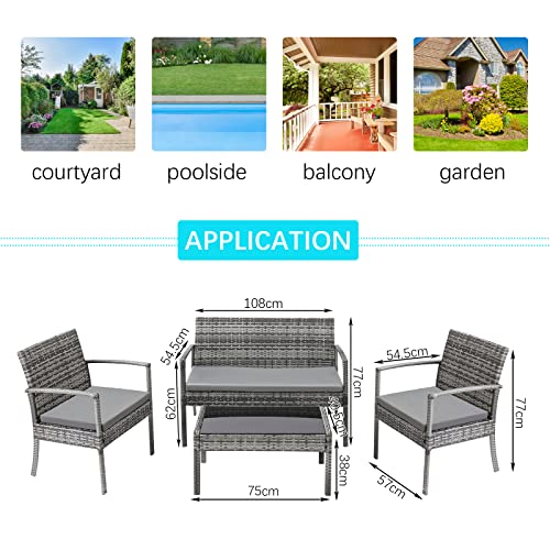 4 Piece Rattan Garden Furniture Set Patio Outdoor Rattan Table and Chairs, w/Comfortable Cushion, Double Sofa and 2 Armchairs, Tempered Glass Table - Image 5