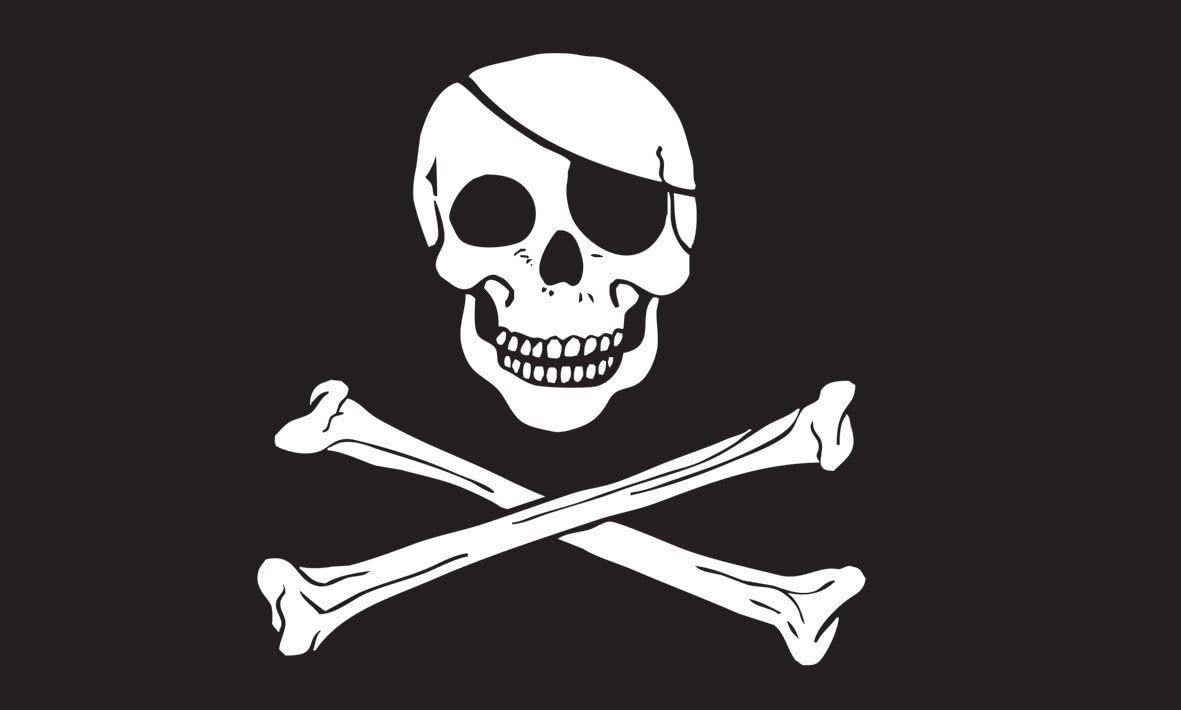 5 Ft ATV Black Pirate Skull Safety Flag with 5/16" White Pole with Mounting Hardware