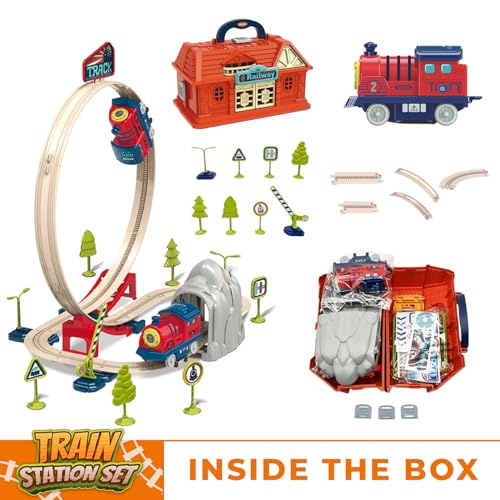 image for Atlasonix Train Set for Toddlers 2-4 Railway Station with Train, Crane