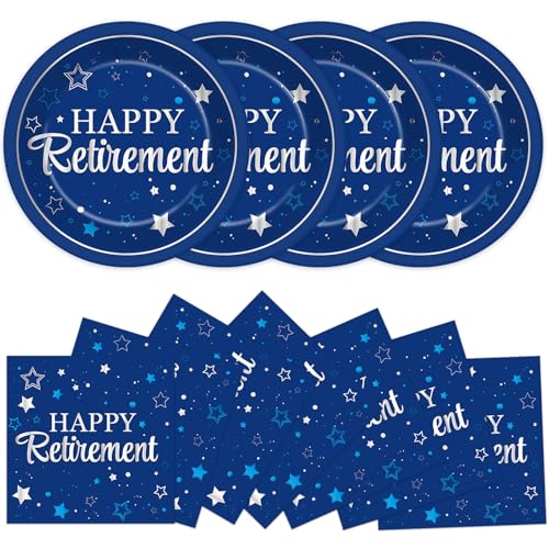 Qyeahkj 48Pcs Happy Retirement Paper Plates and Napkins Retirement Party Decoration Farewell Party Supplies Blue Silver Disposable Paper Dessert Tableware Set for Women Men Leaving Graduation Serve 25