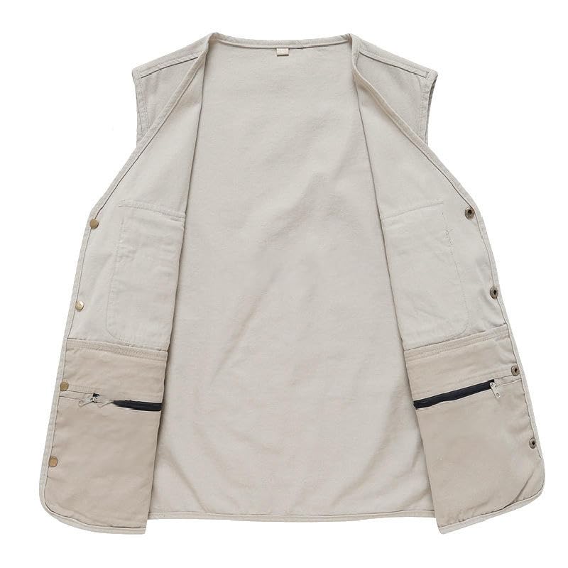 USTZFTBCL Men's Spring Autumn Pure Cotton Snap Button Multi-Pocket V-Neck Vest Middle-Aged Elderly4