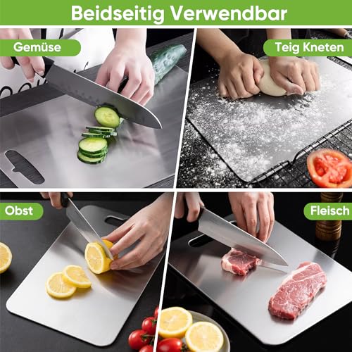 BOYUNSHI 3 Stück Titan Schneidebrett, Edelstahl Titanium Cutting Board Doppelseitiges Lebensmittel Grade Schneidebrett für Fleisch, Brot… – Ansicht 5