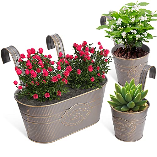 Furokoy Hanging Flower Pot 3 Pcs For Outdoor Railing Metal Balcony Plant Holder With Detachable Hooks & Drainage Vintage Bucket Flower Plant Holder Railing Fence Garden Home Decoration #TOP19