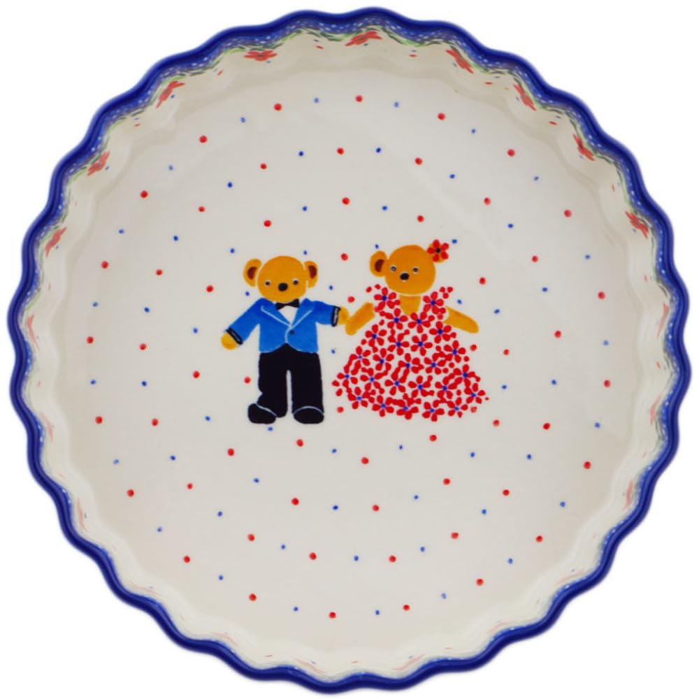 Authentic Polish Pottery Fluted Pie Dish Signature UNIKAT in Royal Teddy Design Handmade in Boles?awiec Poland by Ceramika Artystyczna + Certificate of Authenticity