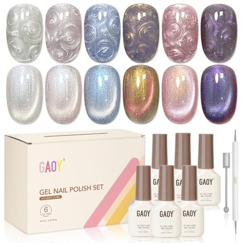GAOY Pearl Gel Polish Cat Eye Nail Polish Set 6 Colors Glitter Iridescent Mermaid White Blue Pink Purple with Magnet and Dotting Pen Holographic Shimmer UV Gel Kit for Nail Art Salon