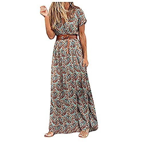 Damen Kurzarm mit V-Ausschnitt Freizeitkleider Ballkleider Damen Lang Elegant Sexy Abschlusskleid Bohemian Strandkleid mit Gürtel Cover