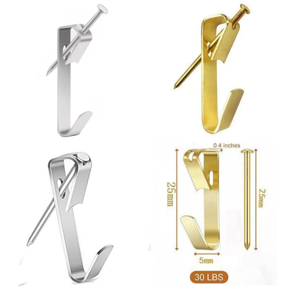 Image of 80pcs Picture Hangers, Picture Hooks for Hanging Pictures, 30Lb Frame Hooks Painting Hangers Hooks Set with Nails, on Drywall, Wooden Wall Photo Frame, Mirror, Canvas, Wall Art (Gold+Silver)