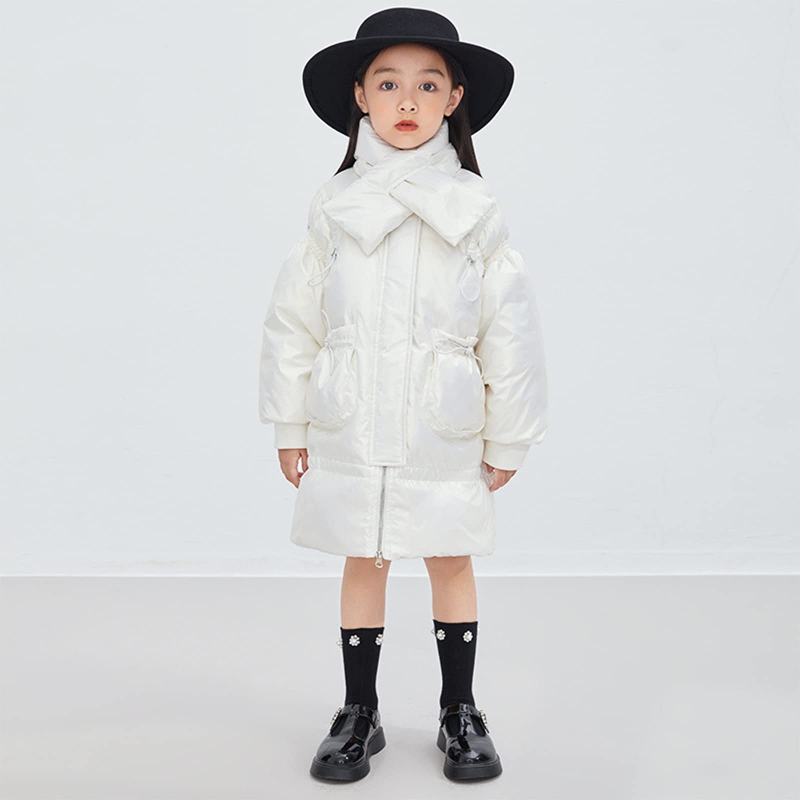 Abbigliamento per Bambini Piumino D'Anatra Bianca per Ragazze Spessa Giacca Invernale Calda Lucida Lunga Giacca Senza Lavaggio Dolce Ed Elegante,White,5T(110CM)