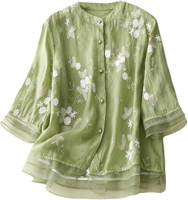 Women's Retro Blouse Embroidered Shirt Patchwork Organza Top