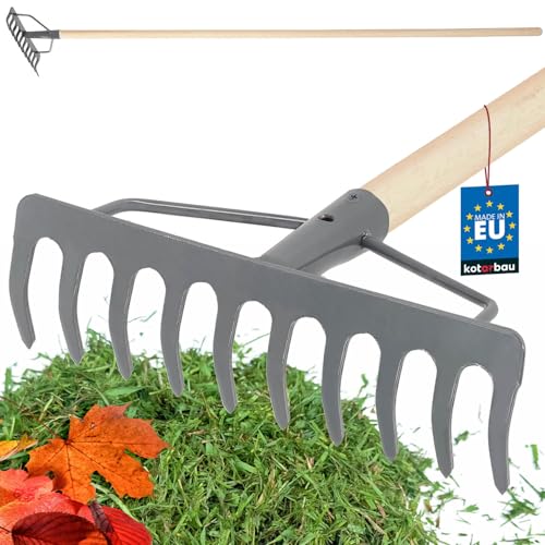 KOTARBAU® Rastrillo Jardin - Metal - 26 cm - Rastrillo Hojas Jardin - 10 Dientes - con Mango de Madera - Herramienta Robusta para Cesped y Jardinería - Gris & Natural