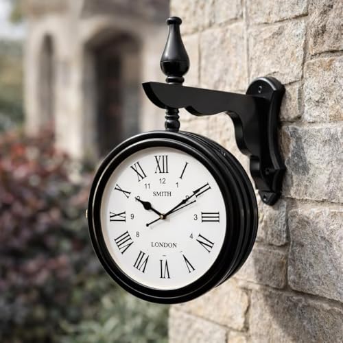 Image of Vintage Double-Sided Wall Clock, Antique Victorian Hanging Clock with Bracket, Silent Quartz Movement, Roman Numerals, Rustic Farmhouse Decor for Home & Office (Black)
