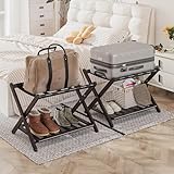 Smart FENDEE Pack of 2 Fully Assembled Bamboo Luggage Racks, Folding Suitcase Stand with Shoe Shelf, 5 Nylon Straps, Heavy Duty, Luggage Stands Ideal for Guest Room, Bedroom, Hotel, Espresso