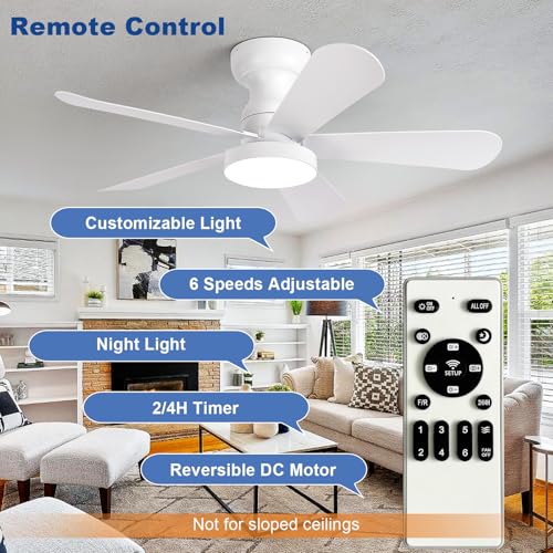 Image of Depuley Small Ceiling Fan with Lights: 35-Inch Flush Mount Fan with Light and Remote - White Low Profile Ceiling Fans Reversible Quiet DC Motor for Bedroom Living Room Indoor Outdoor