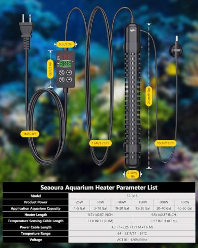 Image of SEAOURA Aquarium Heater, 150W Fish Tank Heaters for 15-30 Gallon, Submersible Turtle Heater with LED Controller, Safety Protection & Auto Power-Off, Saltwater Freshwater