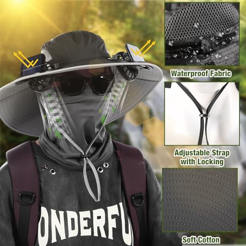 Image of Syhood 2 Set Solar Fan Hats with Neck Gaiters and Arm Sleeves, Wide Brim Fishing Hats for Men Women Outdoor Camping Gardening