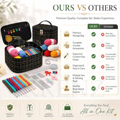 Image of KRENZ 59 Pcs Crochet Kit Set For Beginner Adults Kids Starter Kit Crochet Needles Set Crochet Kit Include 6 Yarn Crochet Hooks Stitch Markers Storage Bag All In One Crochet Hook Set With Crochet Yarn (Black Gold Chex)
