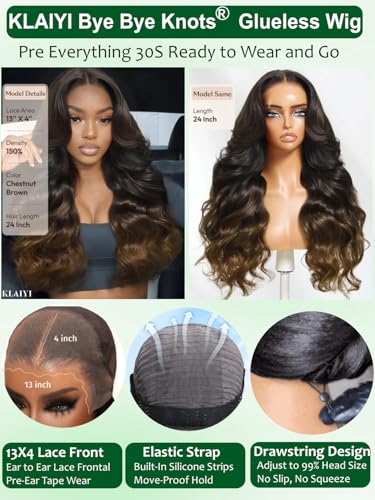 Image of KLAIYI Ombre Brown Loose Body Wave 13x4Pre Everything Lace Frontal Chestnut Brown Drawstring Wig with Face Framing Layers Precut Lace Pre Plucked Bleached Bye Bye Knots Ready to Wear and Go Wig 26Inch