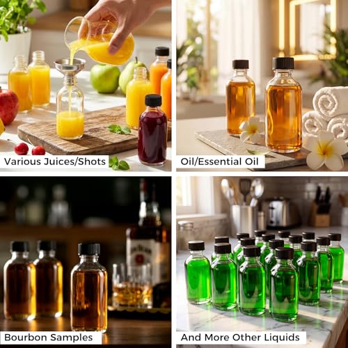 Image of AOZITA 12 Pack, 2 oz Small Clear Glass Bottles w /Lid & 3 Funnels - 60ml Boston Shot Bottles for Health, Immunity, Potion, Wellness, Sample, Ginger, Juice - Mini Personal Care & Beauty Travel Bottle