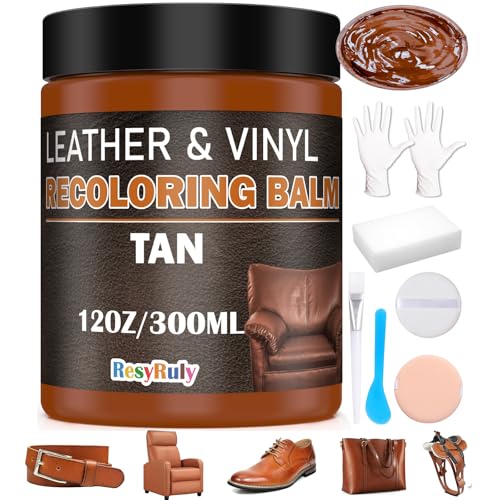 Saddle Tan Leather Dye Light Brown Recoloring Balm Repair Kit Vinyl Car Seat Interior Paint Furniture Couch Recliner Chair Boot Jacket Shoe Bag Purse Color Restorer Fading Scratch Stain Remover
