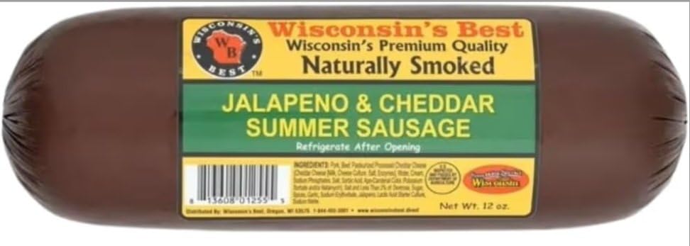 WISCONSIN'S BEST - Smoked Summer Sausage - JALAPENO & 100% WISCONSIN CHEDDAR CHEESE - Naturally Hickory Smoked - 12 oz ​- Slice and Eat